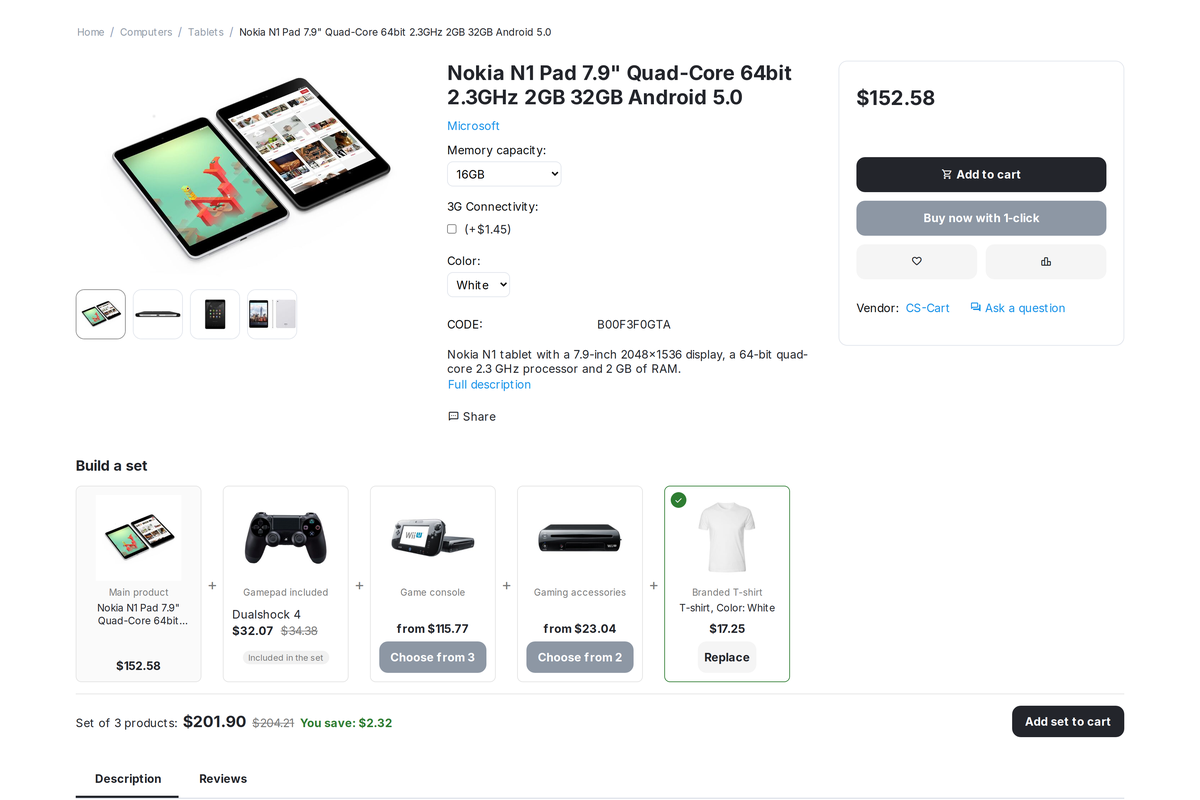 Product page: the "Build a set" block with the main product, slots with a choice of variants, the set total and the "Add set to cart" button.
