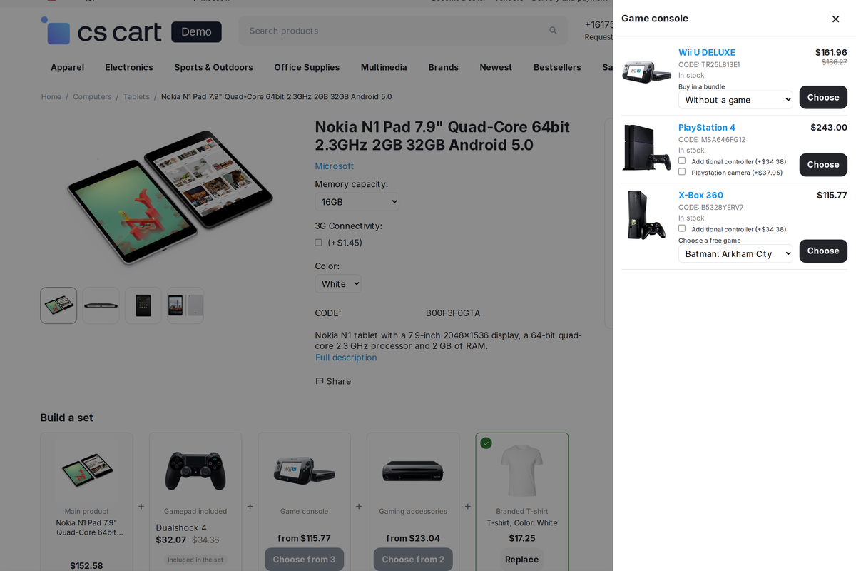 The selection panel of the "Game console" slot: price and stock of a variant, product options with a surcharge are chosen right here.