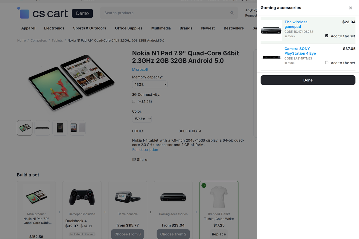 The "Gaming accessories" slot in the "Any" mode: tick the variants you need and press "Done".