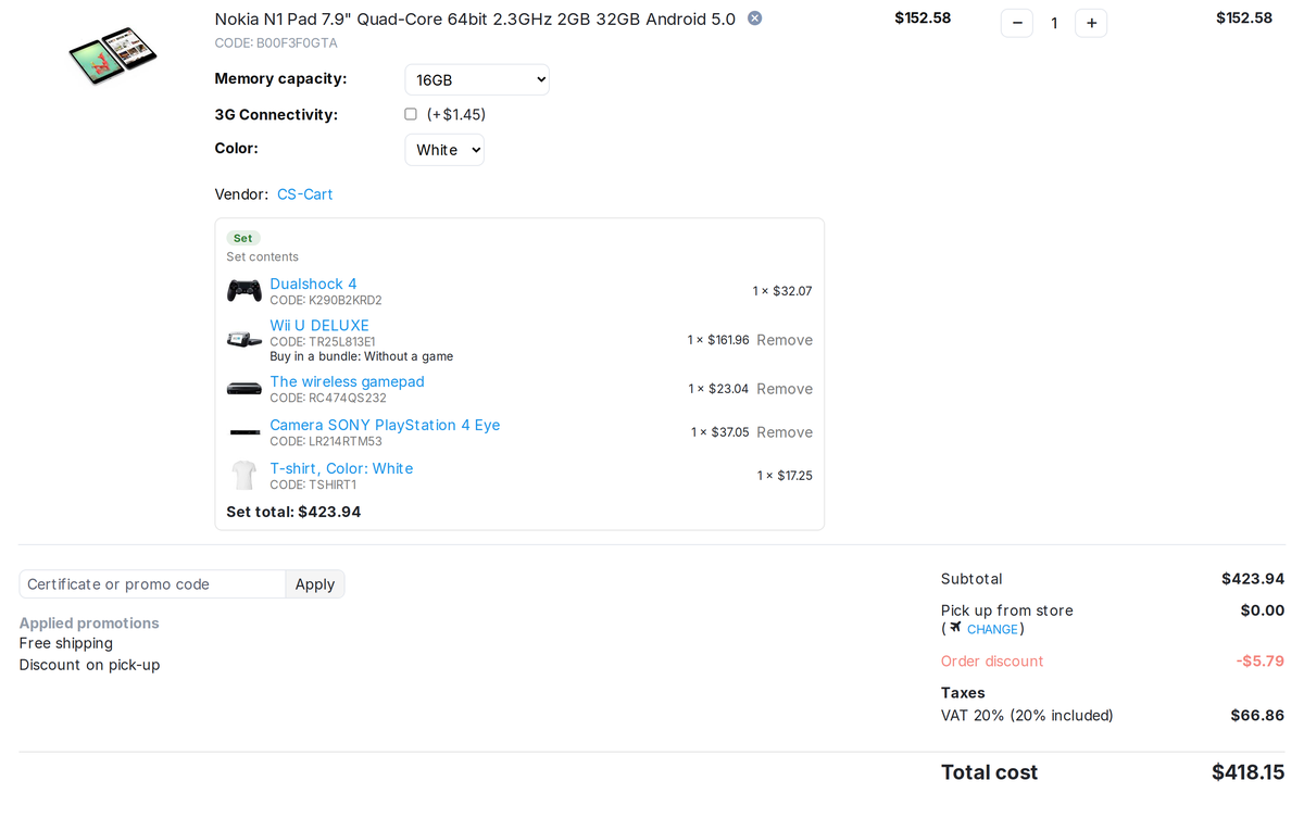 Cart: the set in one line, its contents under the main product name.