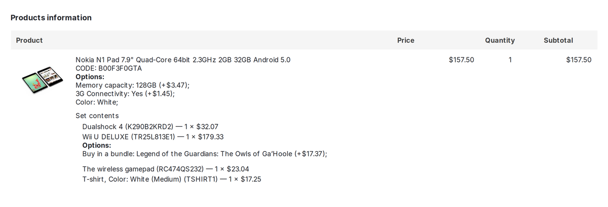 Customer order page: the set contents under the main product.