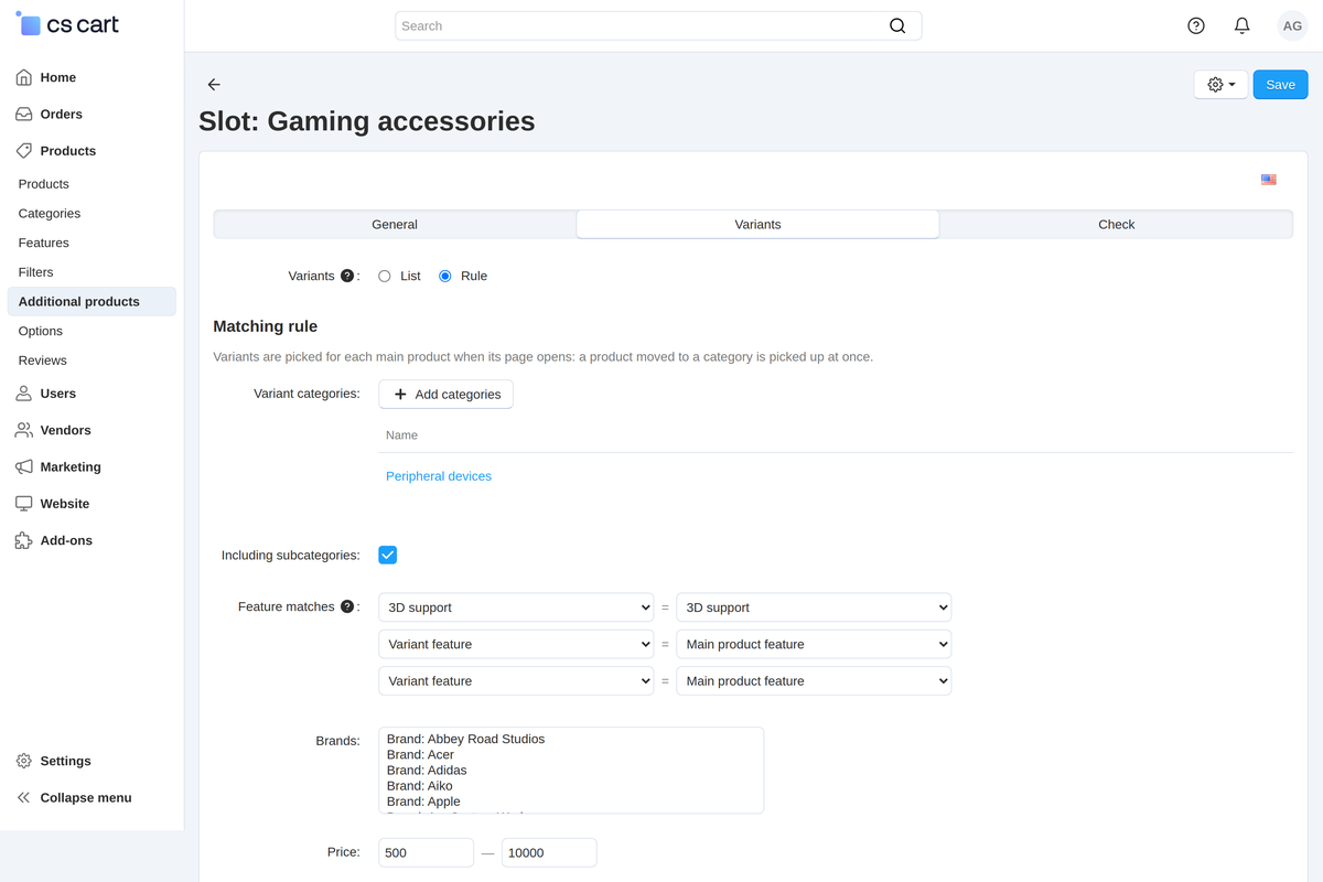 A slot with a matching rule: variant categories, feature matches, brands and price.