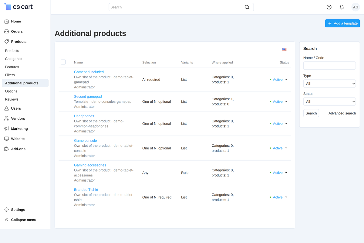 The slot list in the control panel: category templates and own slots of products.