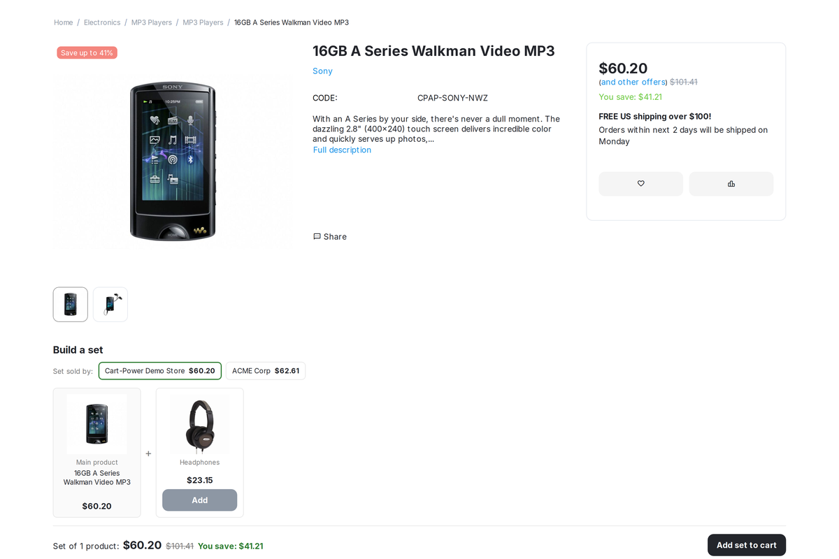 A common product page: the customer picks the set vendor right in the block.