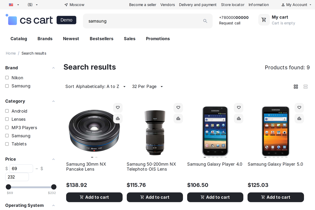 Search results: the "Category" filter on the left lists the sections the found products belong to - in the listing they come mixed together.