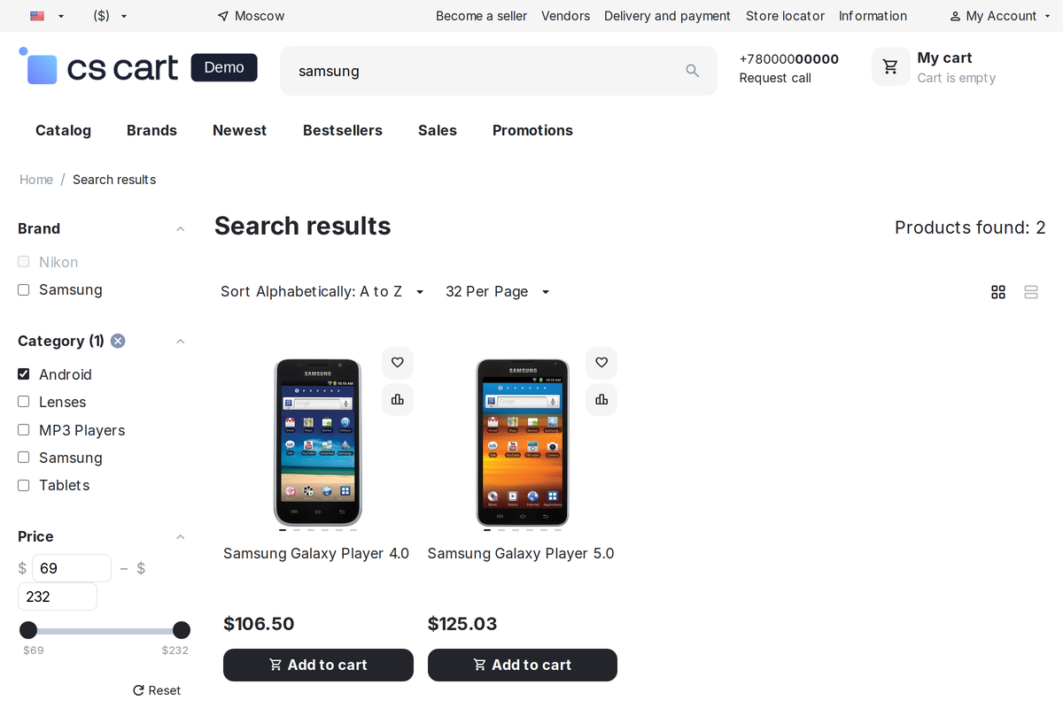 The same listing with a category ticked: only the products of the chosen section are left, and the search query is still in place.