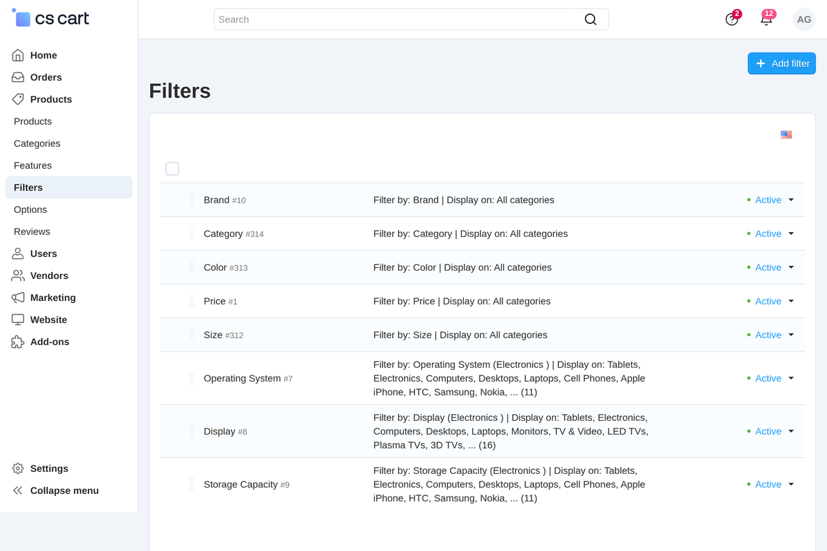 The list of store filters: the category filter sits next to the others.