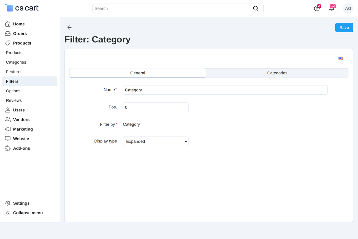 The filter card: the filtering goes by the "Category" product field.