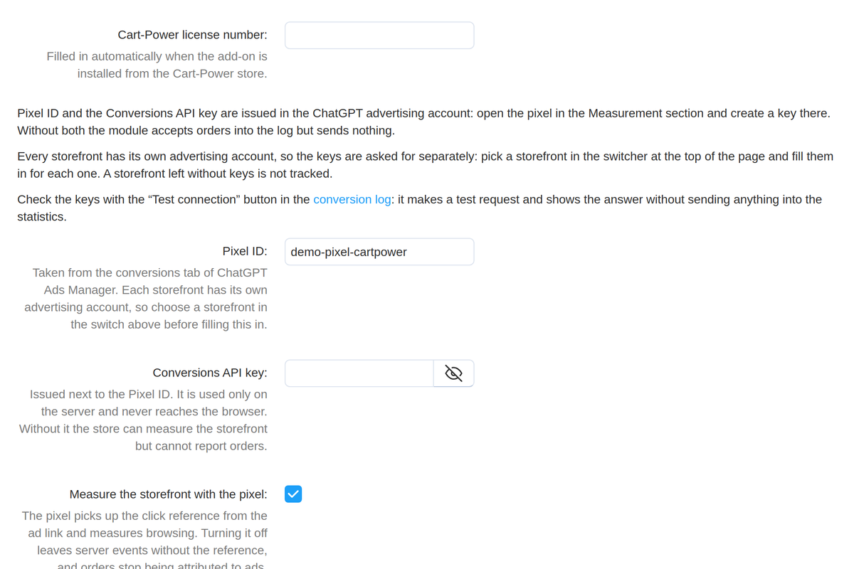 Connection: the Pixel ID, the Conversions API key and the two measurement channels.