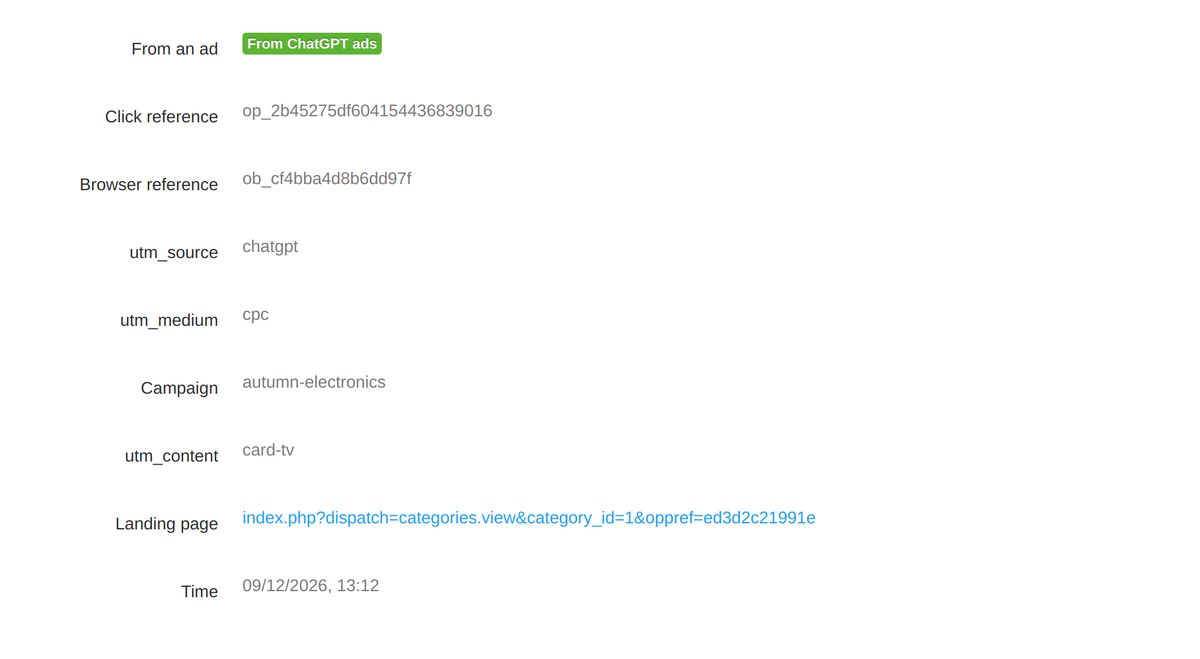 The order page: the click reference, the campaign and the utm data.
