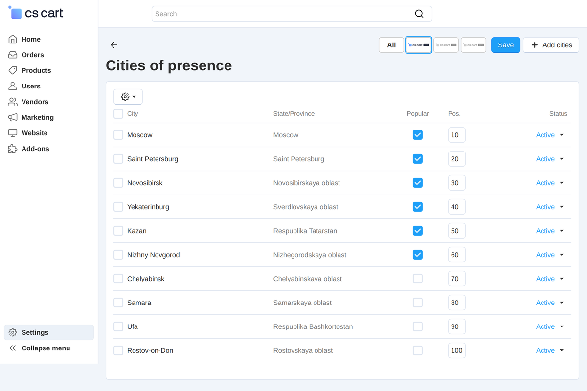 The "Cities of presence" section: the storefront list with regions, popular marks and positions.