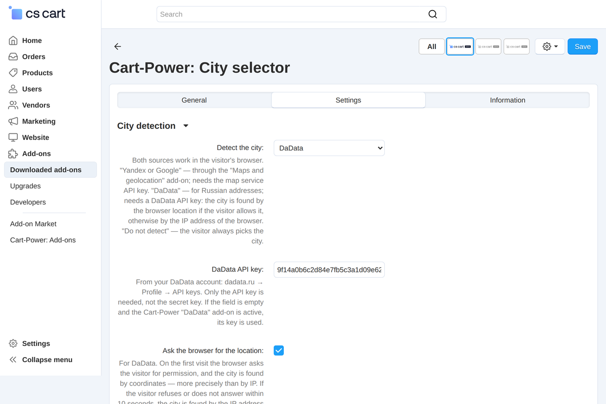 Settings: the detection source, the DaData key and the browser location question.