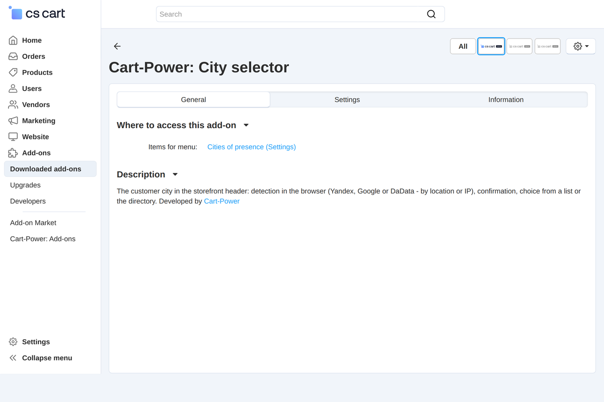 The add-on card in the panel: the "Cities of presence" section and the description.