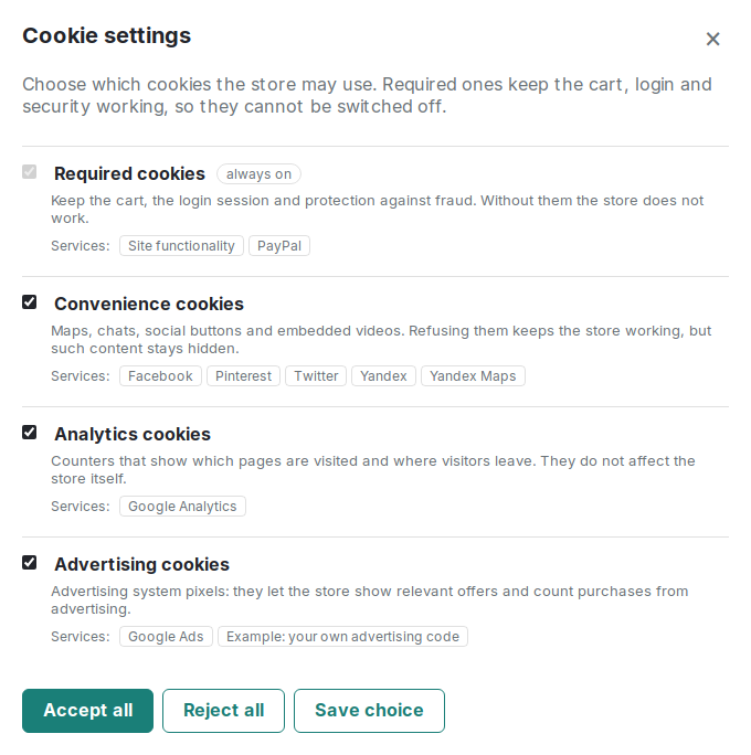 The choice window: cookie categories and the services in each of them.