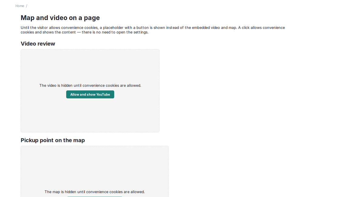 Placeholders instead of the video and the map until convenience cookies are allowed.