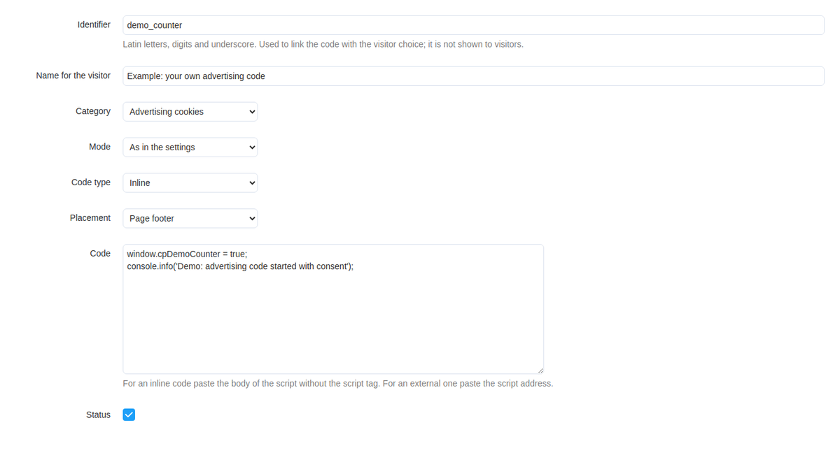 The custom code form: category, mode, code type and placement.