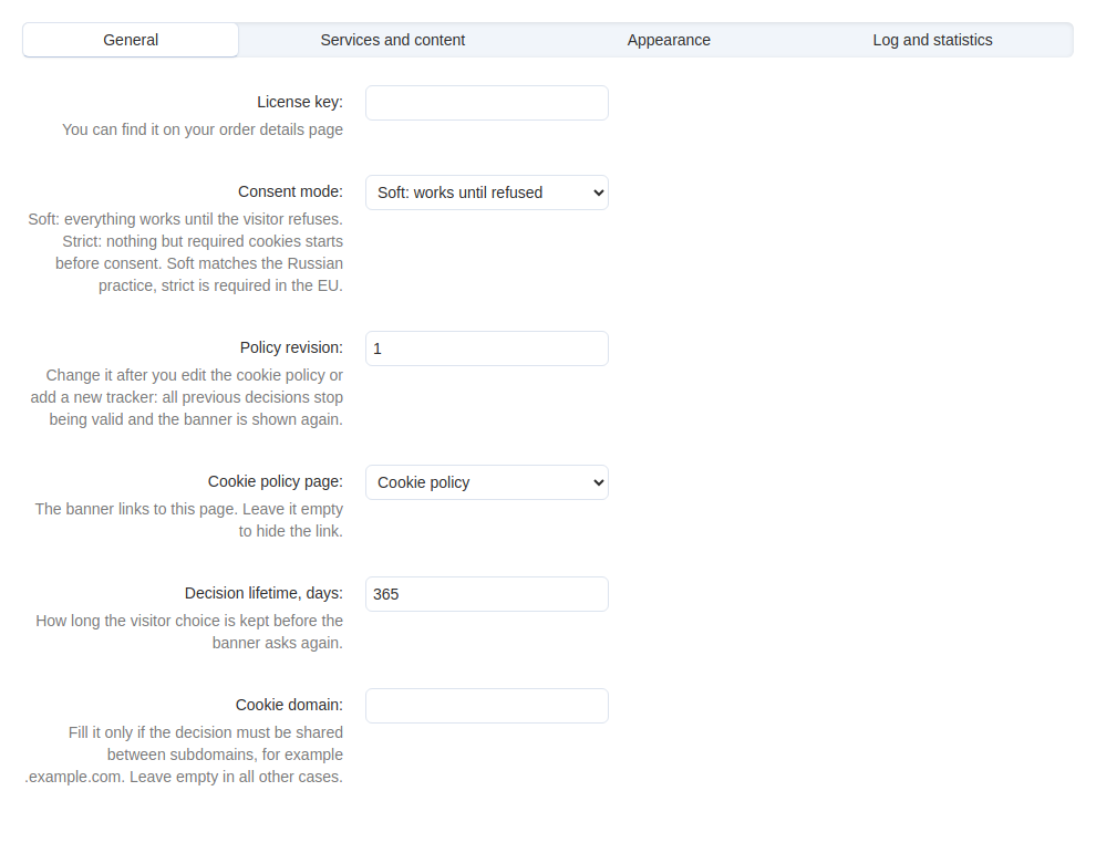 Add-on settings: consent mode, policy revision and page, decision lifetime.