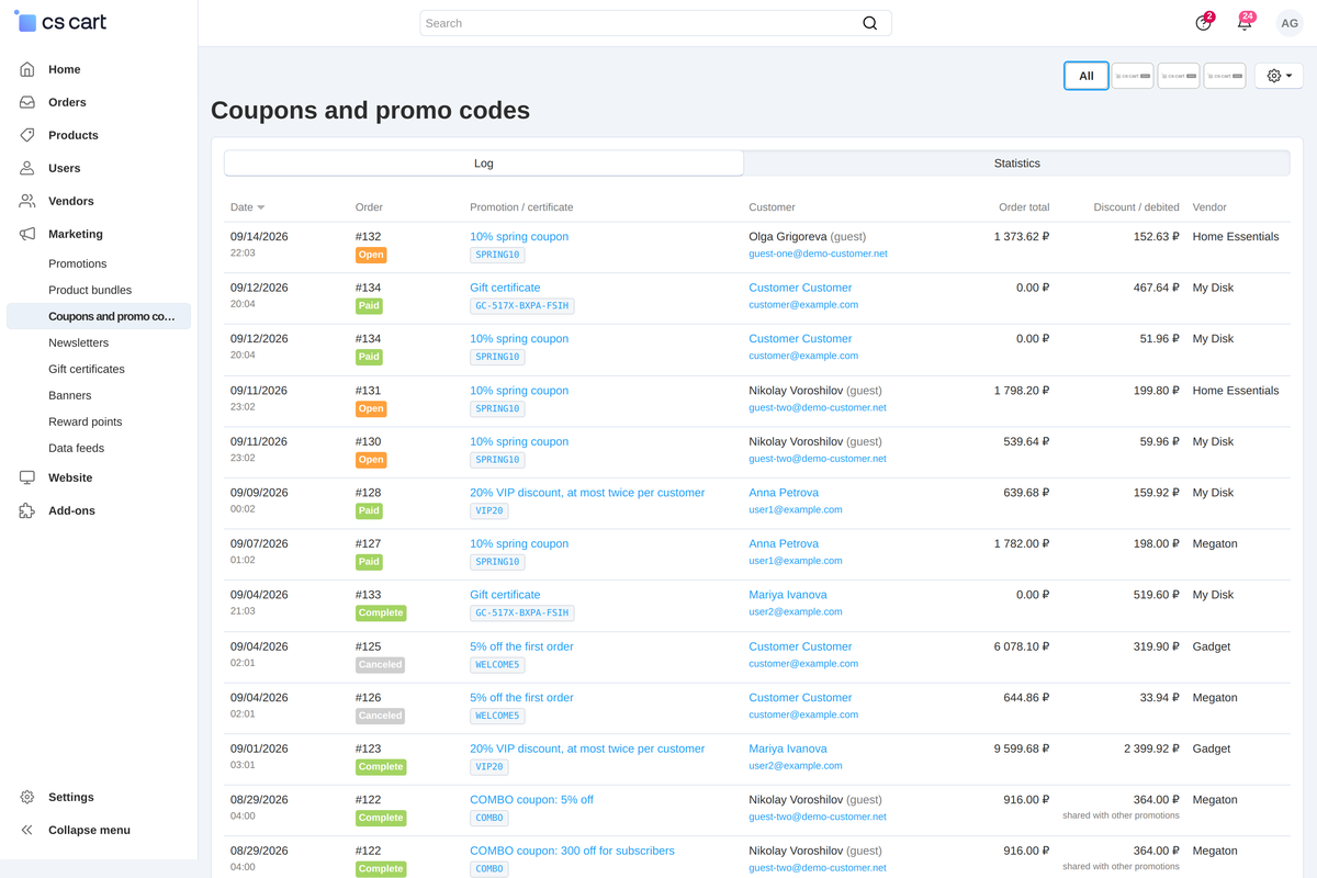 Usage log: status labels, codes, promotions and certificates, customers and guests, order total and discount; rows with several promotions are marked.