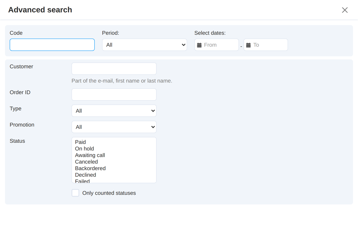Advanced search of the log: customer, order number, type, promotion, statuses and "Only counted statuses".