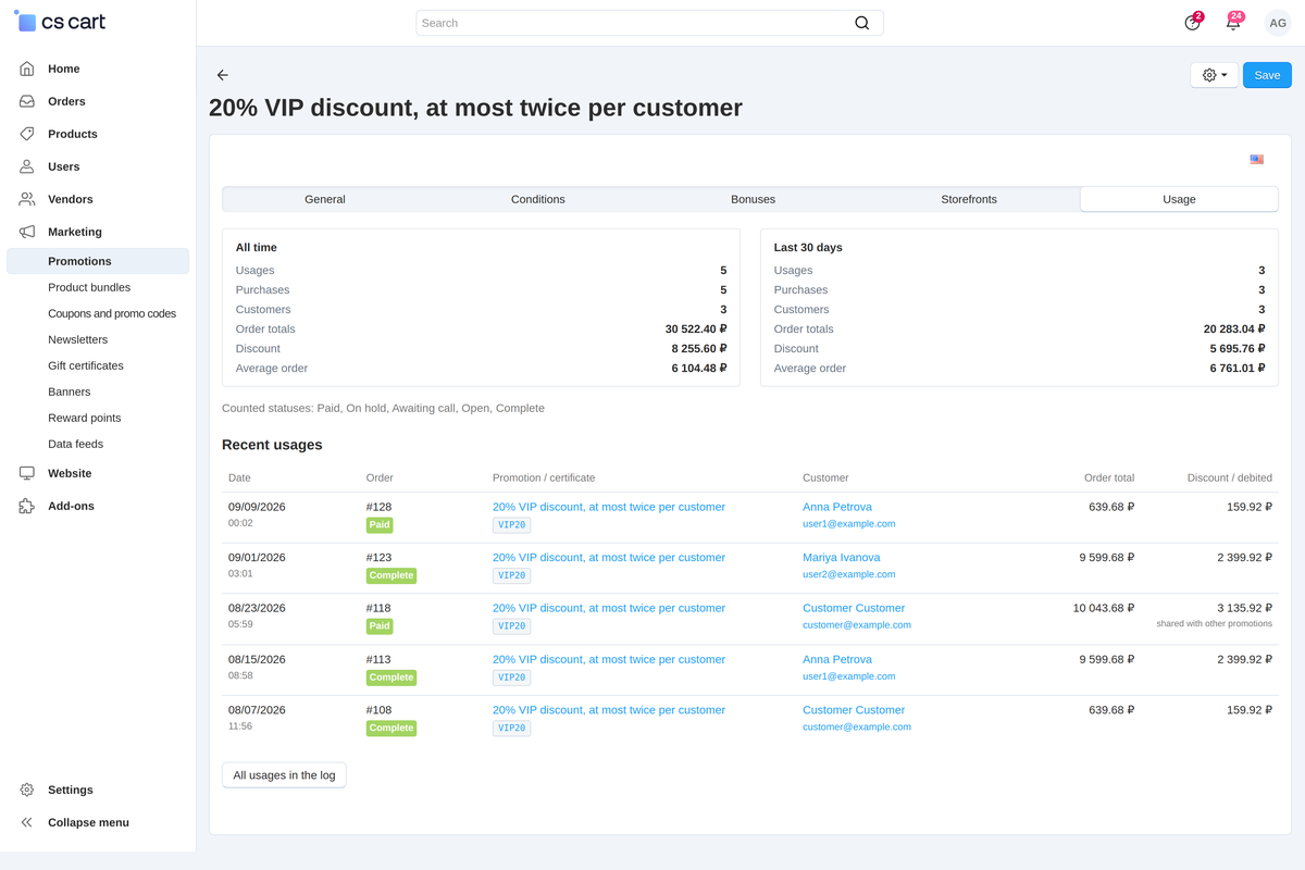 The "Usage" tab on the promotion page: the "All time" and "Last 30 days" summaries, the counted statuses and the recent usages.