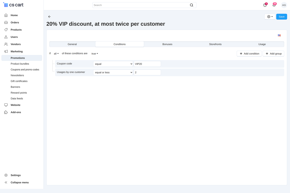 The "Usages by one customer - less than or equal to 2" condition in the promotion condition builder next to the coupon code.