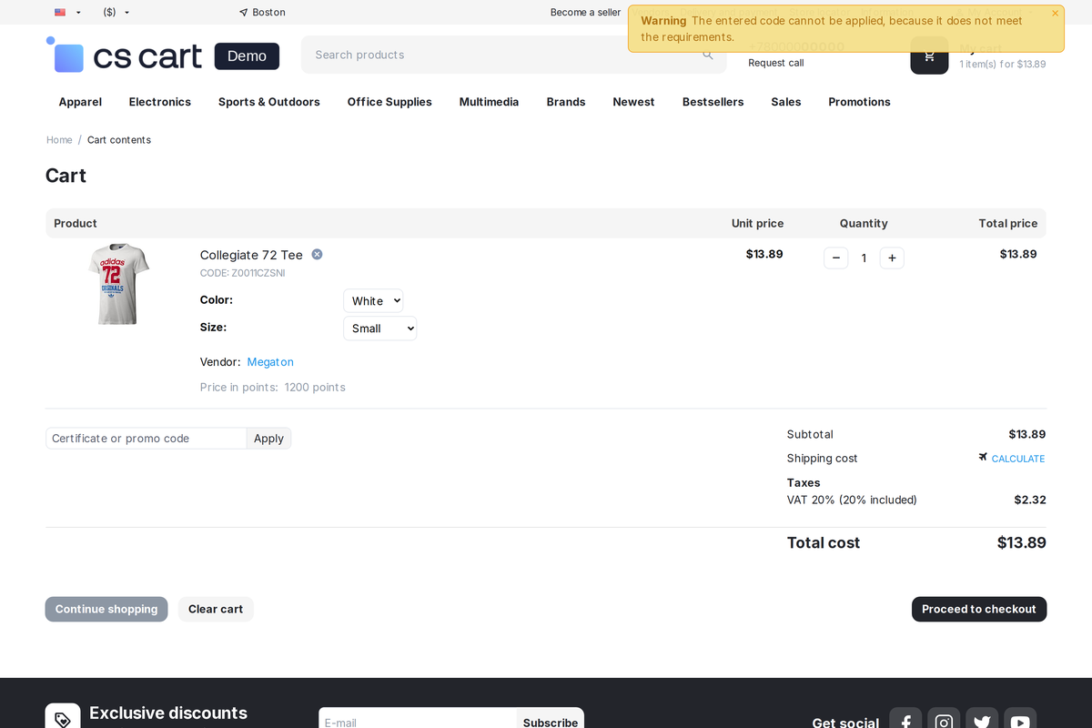 Storefront: the customer has already used VIP20 twice, the third entry of the coupon in the cart is refused.
