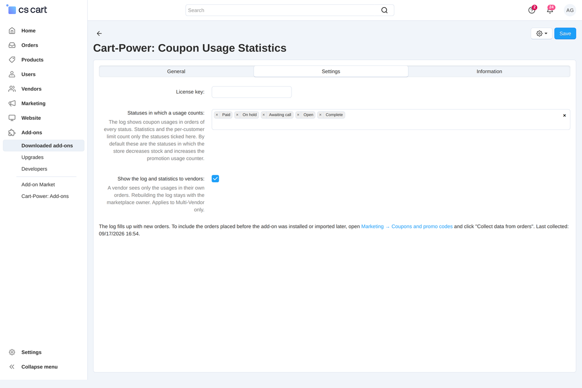 Add-on settings: the counted statuses, vendor access and the date of the last data collection from orders.