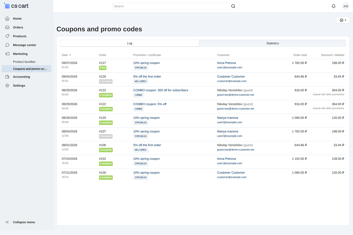The Multi-Vendor vendor panel: the log of the vendor's own orders only, without the "Vendor" column and the storefront switcher.
