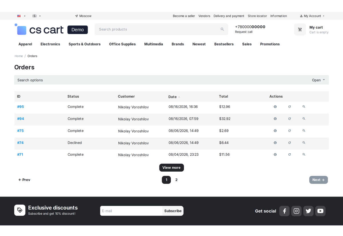 The order history in the customer account: the same button under the table.