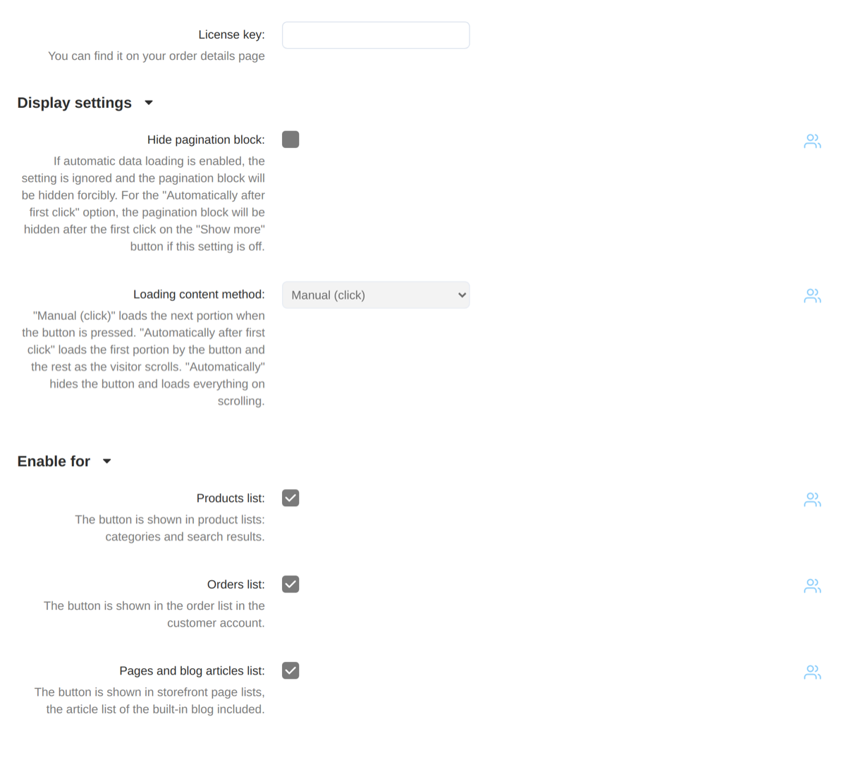 Every setting of the add-on on one screen: the loading scenario, hiding the page numbers and the three lists the button is enabled for.