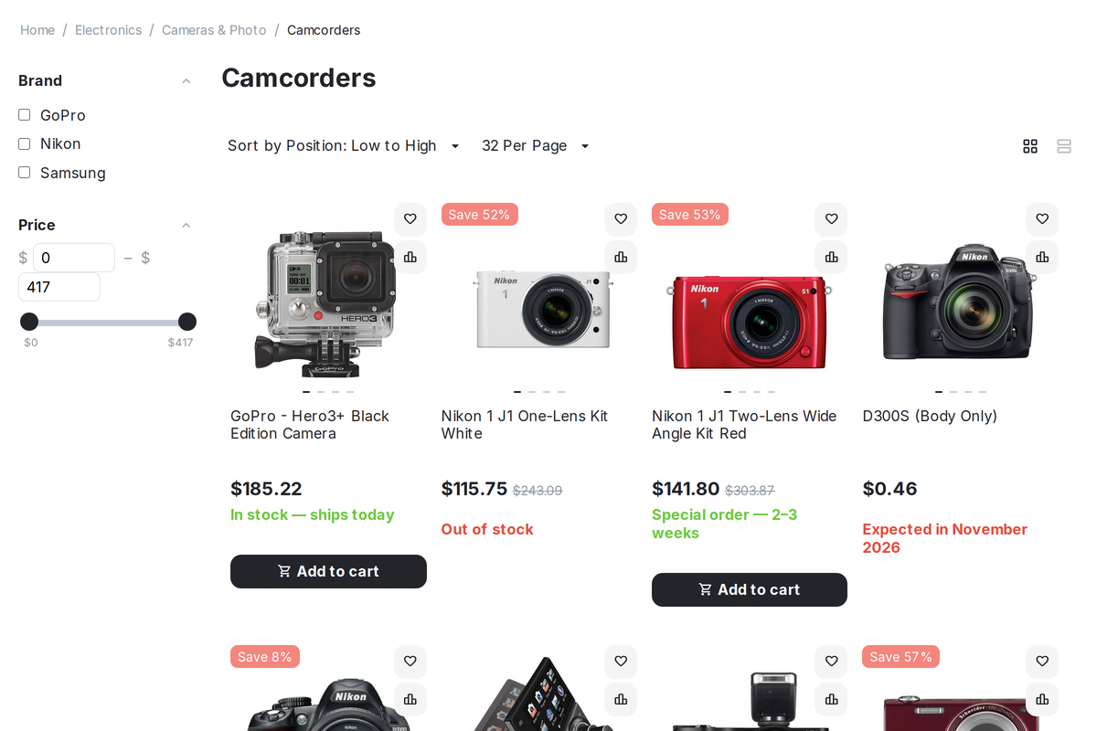 A category listing: four products with four different answers about availability, and the "special order" product keeps its buy button at zero quantity.