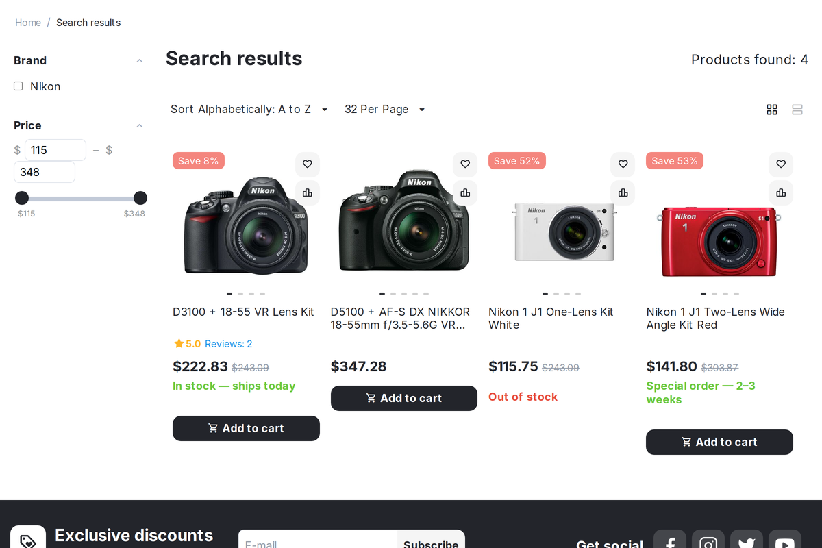 Search results: the found products carry their statuses - in stock, out of stock and special order.