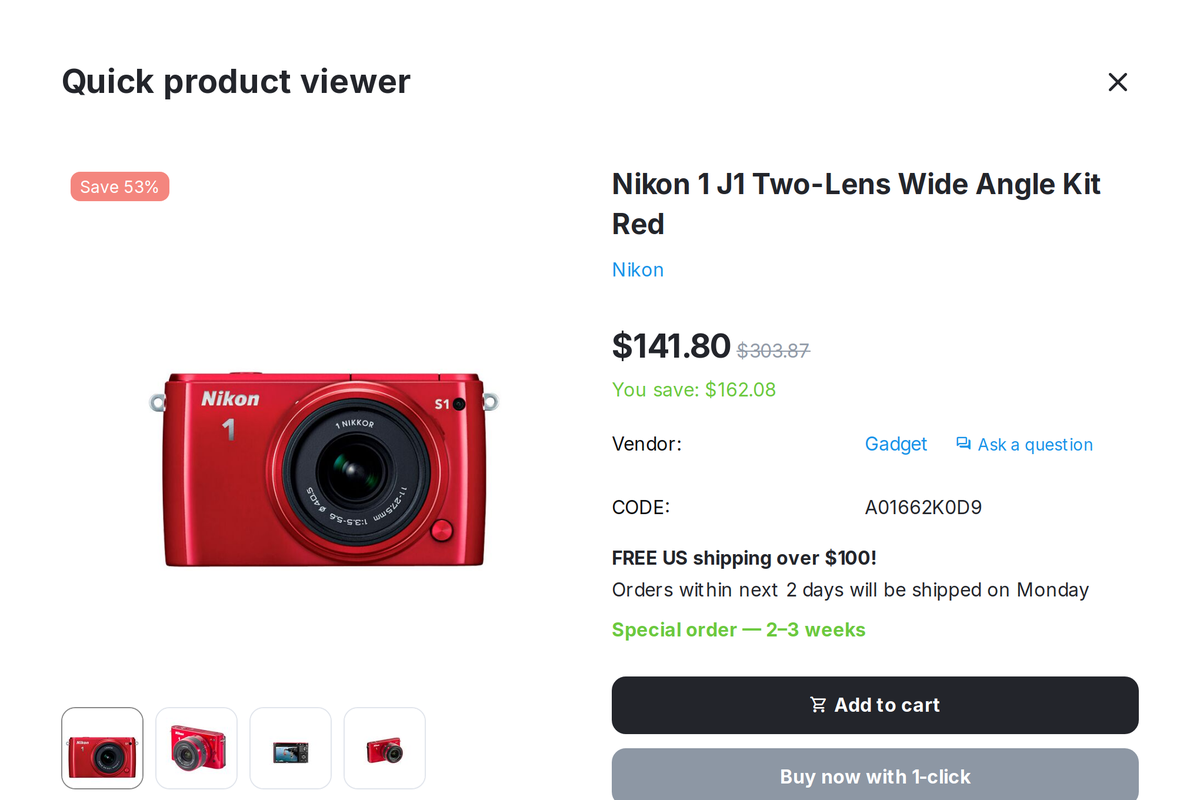Quick View: the same status and the same buy button as on the product page.
