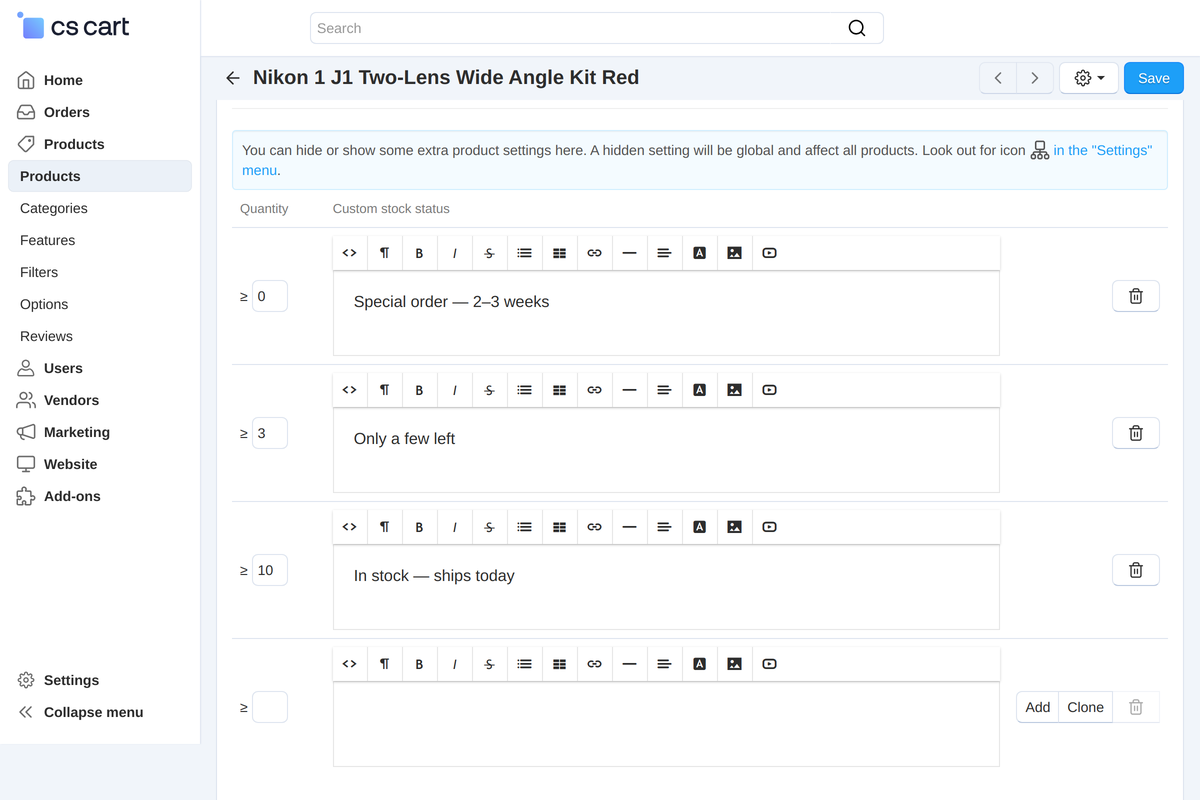 Advanced mode: a "quantity -> wording" table on the product page, from "special order" to "in stock".