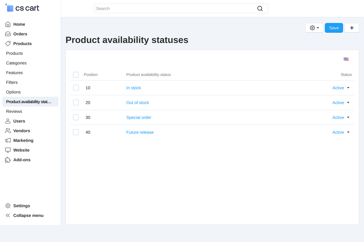 The status directory: its own section in the Products menu, statuses are switched on and off one by one.