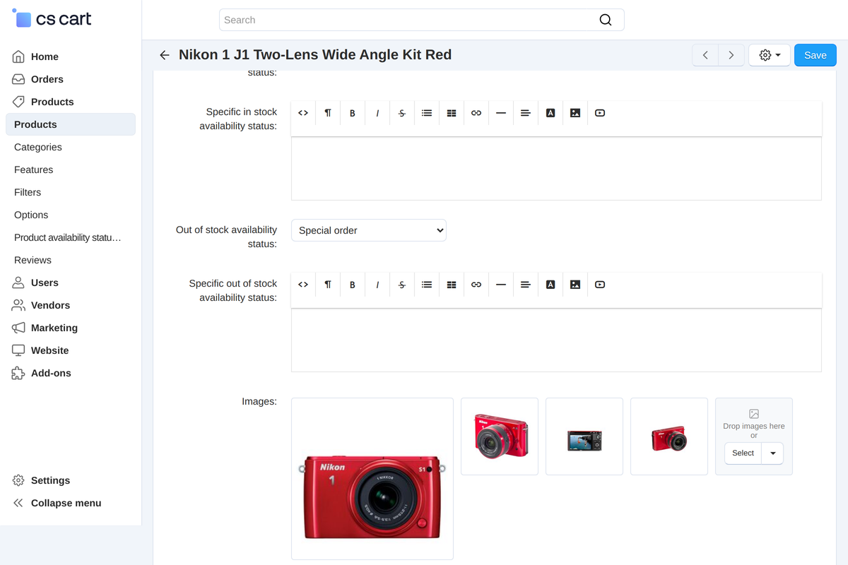 The product page: the status is picked from two lists, with fields for a wording of this product next to them.