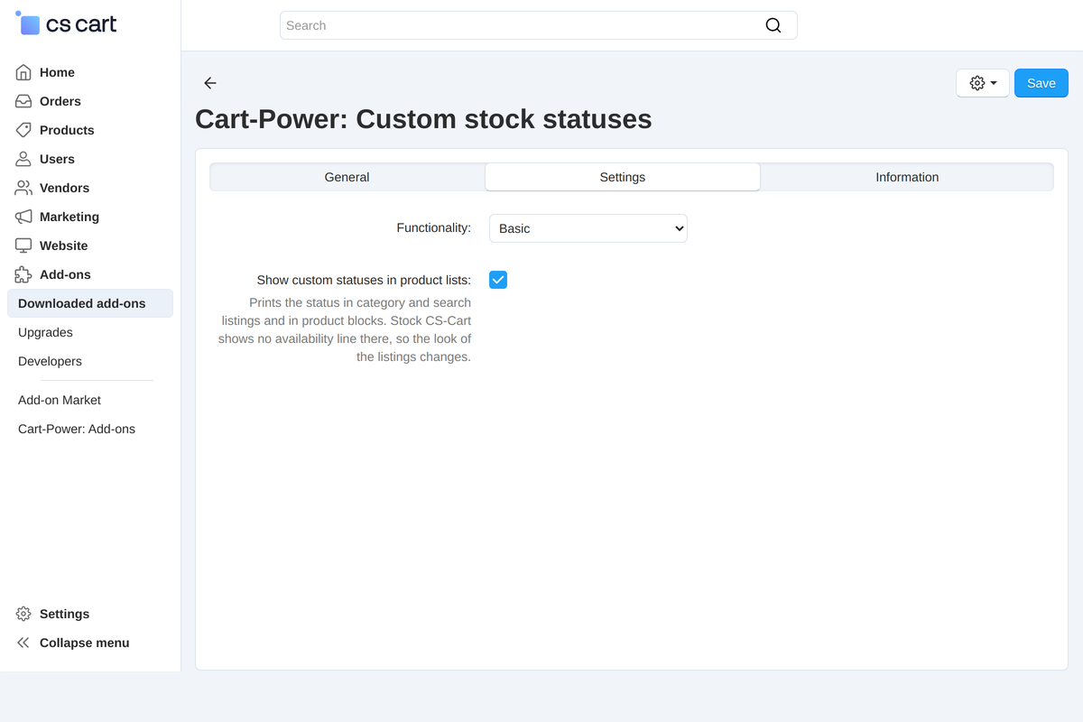 Add-on settings: the mode and the output of statuses in product lists, new in 2.3.
