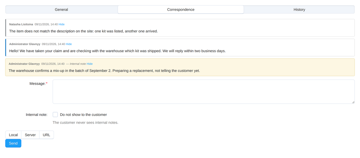 The conversation: staff and customer replies, with internal notes marked and hidden from the customer.