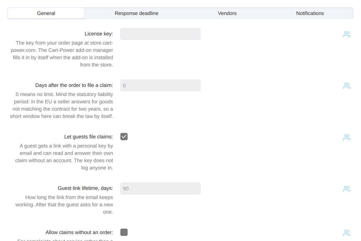 Settings: the answer deadline, escalation, attachments and the rating.