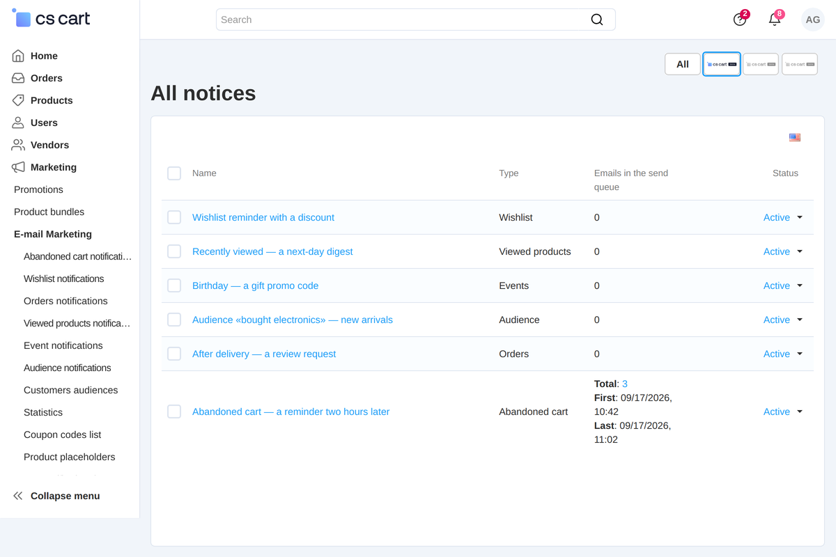 Every campaign in one list: type, status and how many emails are waiting to be sent.