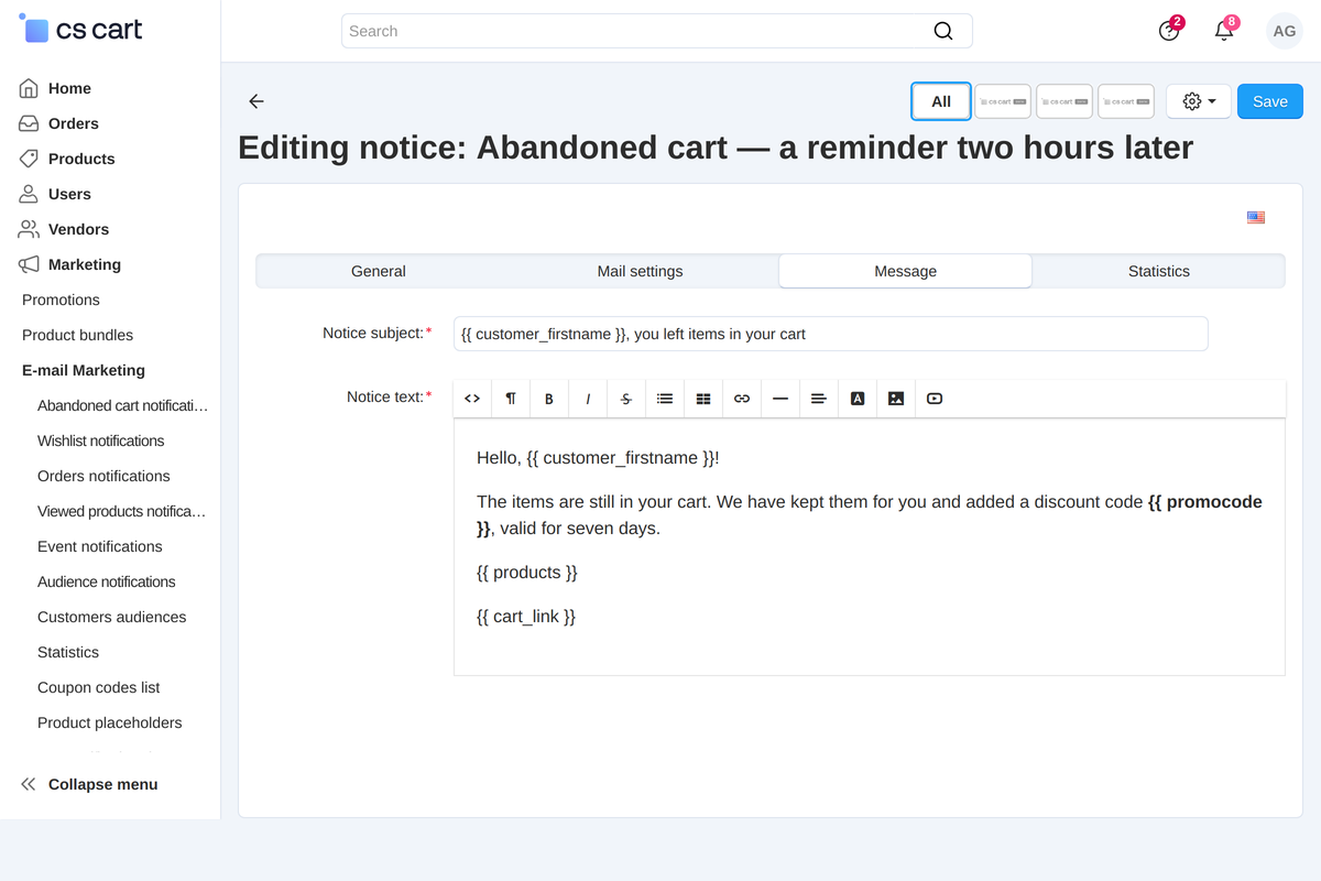 The email text with placeholders: name, products, cart and the personal promo code.