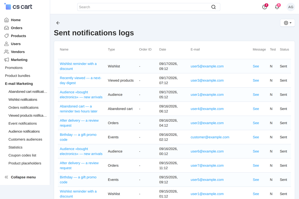 The sending log: who received an email and when, with the email itself one click away.