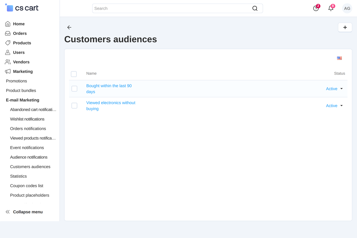 Audiences: recipient sets by orders and by viewed products.
