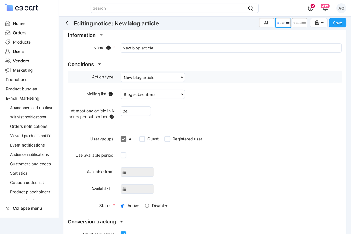 The "New blog article" notification: mailing list and the pause between articles.