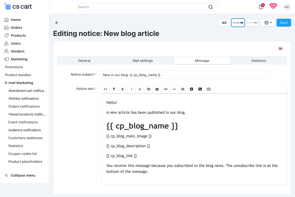 Letter text with article placeholders: title, image, description and link.