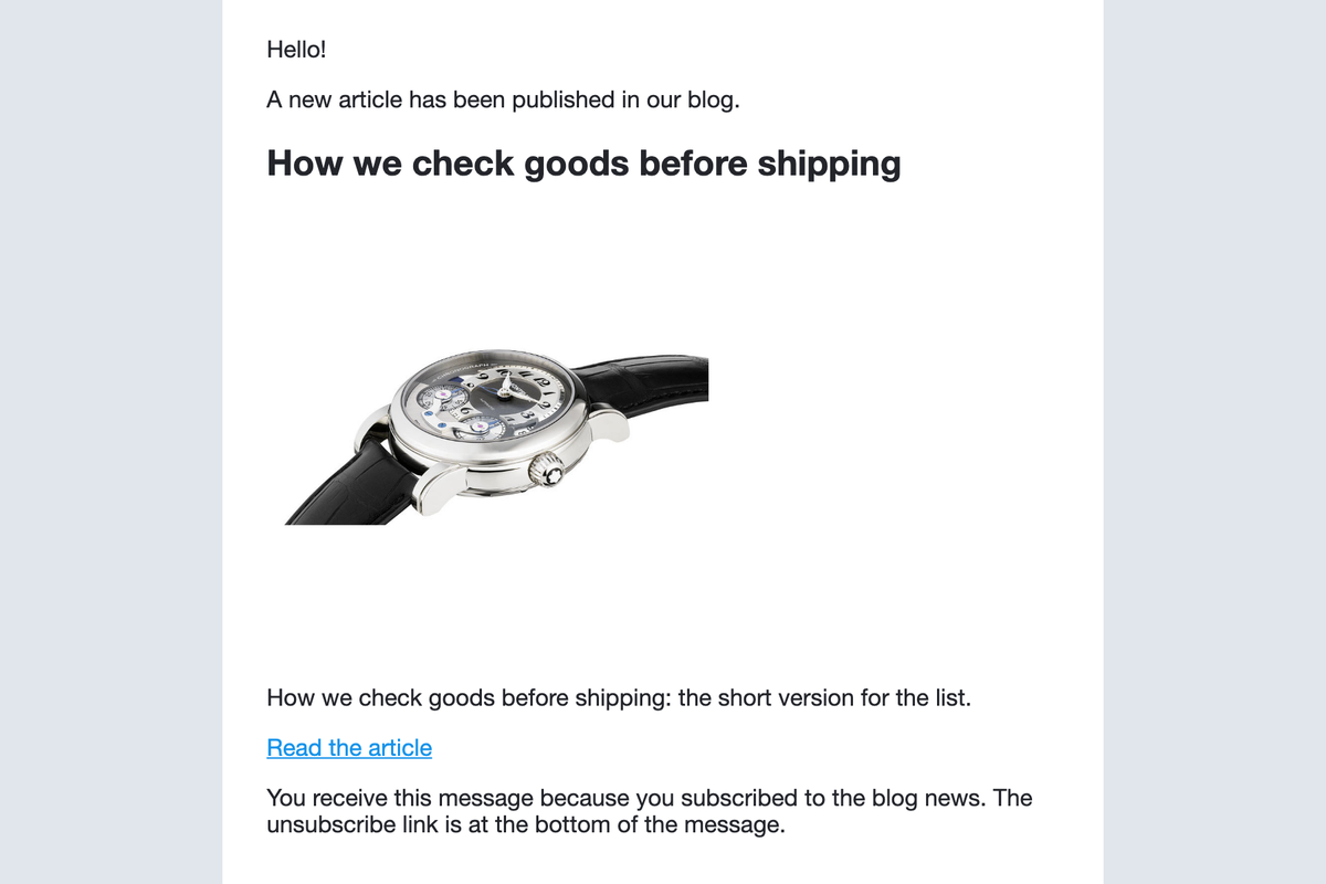 The letter a subscriber receives: article title, image, description and the "Read the article" link.