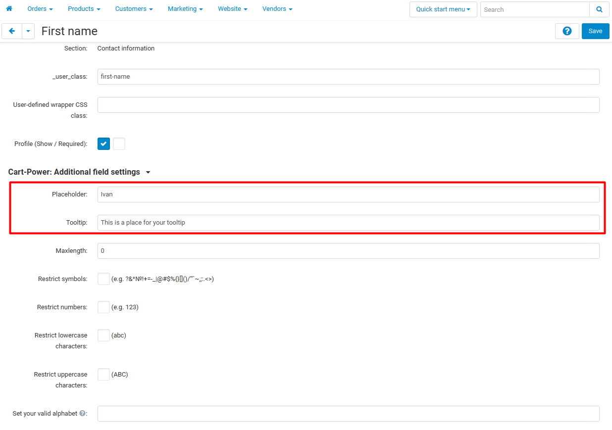Hints and variables in profile fields