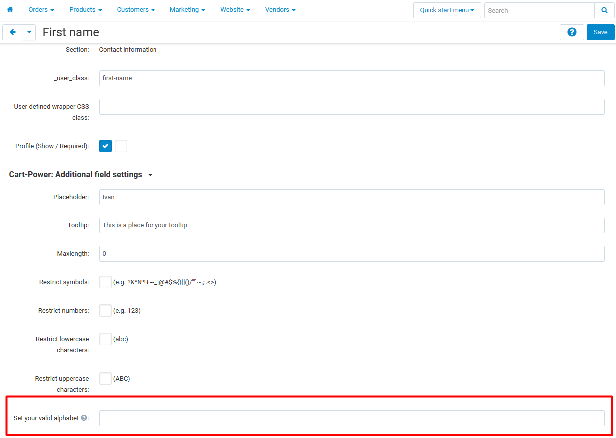 Additional settings for form fields