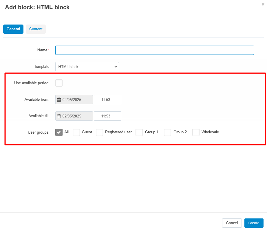 Setting a block's availability period