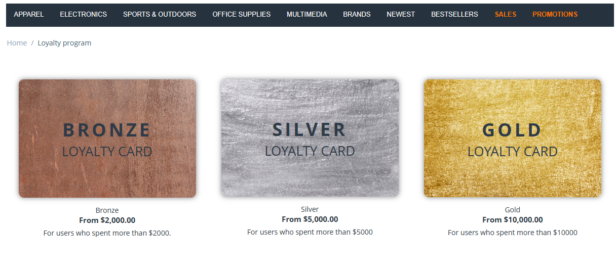 Page with the list of loyalty cards